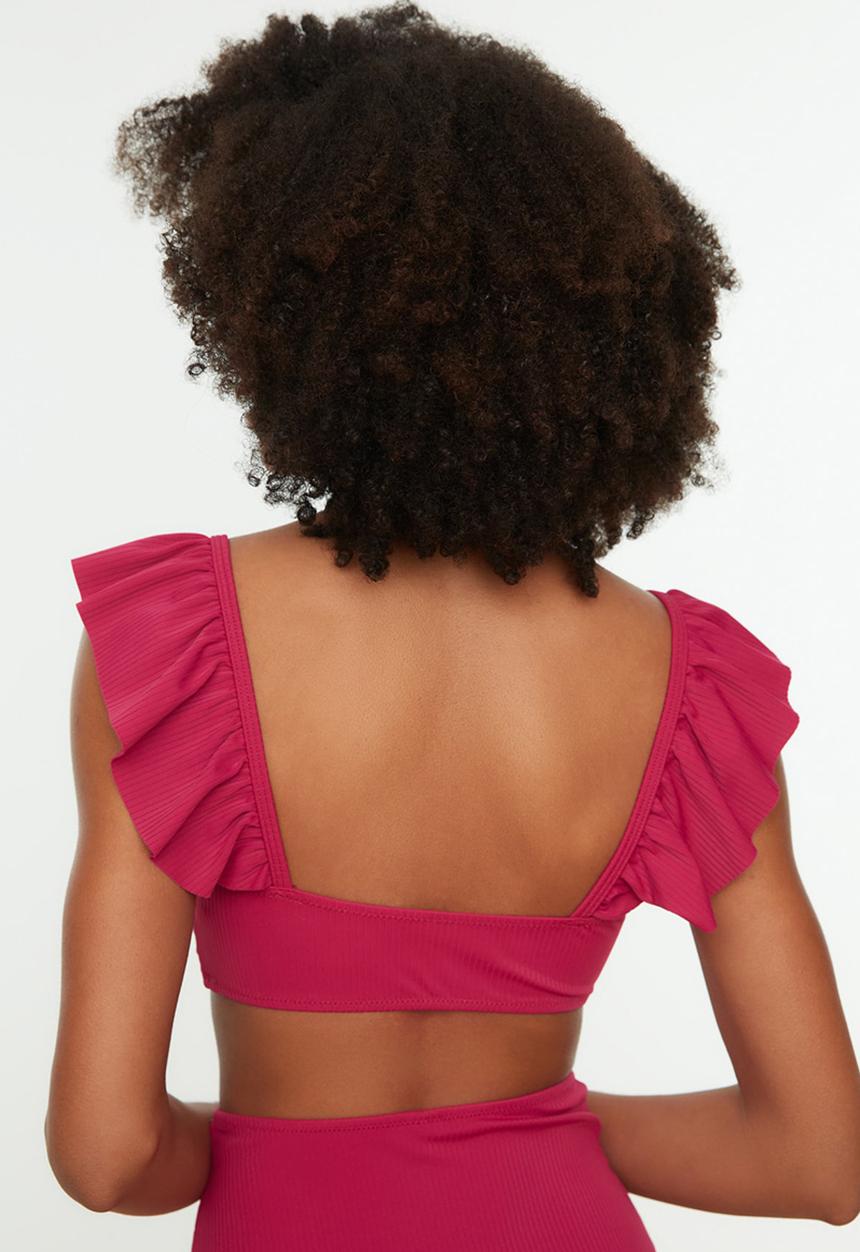 Trendyol - Textured fabric frilly bikini top - fuchsia