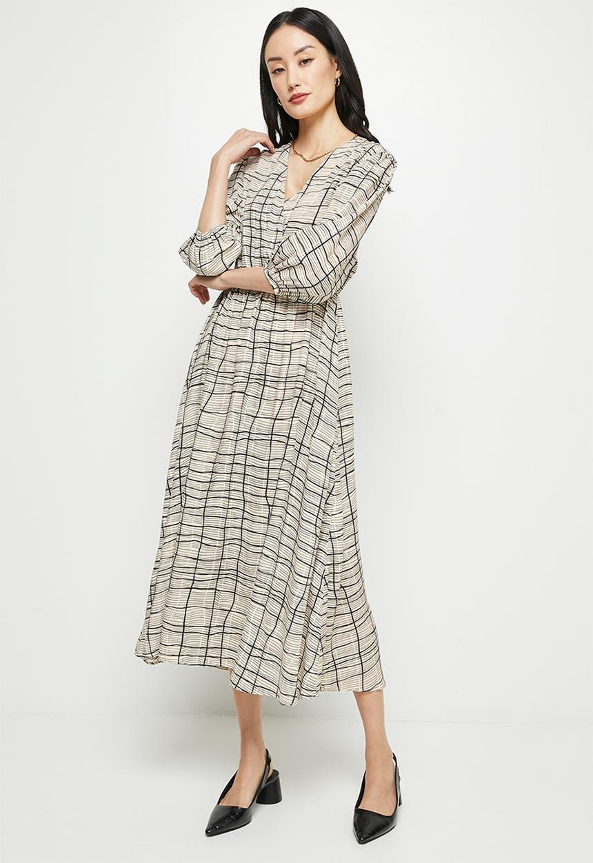 edit - Bracelet sleeve mock wrap midi - neutral & black