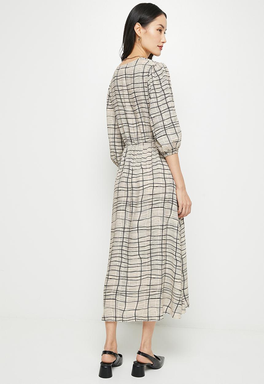 edit - Bracelet sleeve mock wrap midi - neutral & black