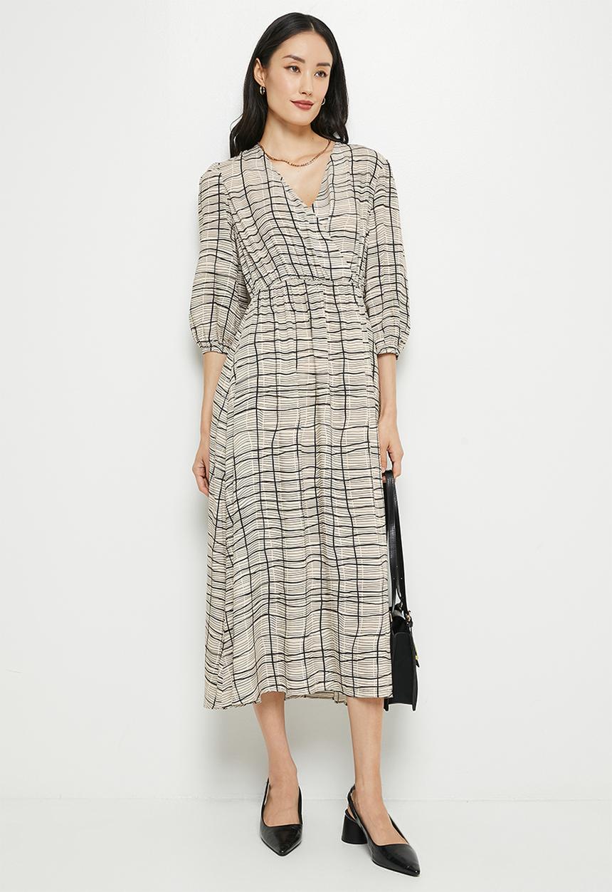 edit - Bracelet sleeve mock wrap midi - neutral & black