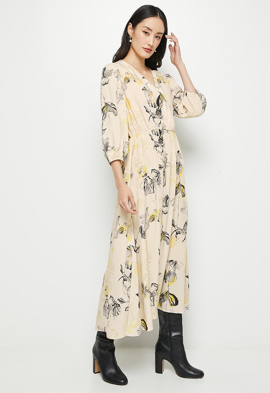 edit - Bracelet sleeve mock wrap midi - cream 