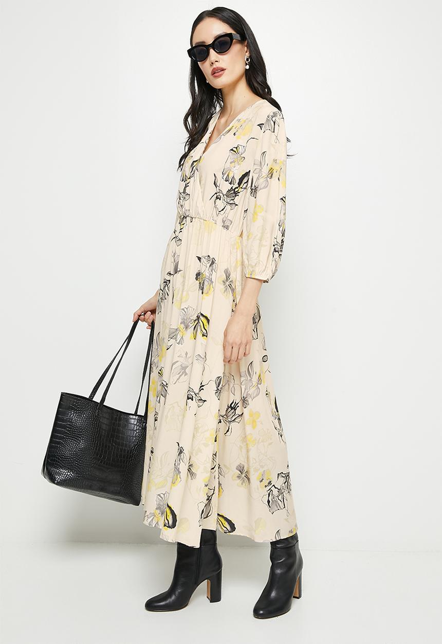 edit - Bracelet sleeve mock wrap midi - cream 