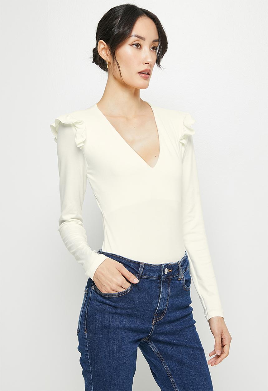 MILLA - Ruffle shoulder V-neck bodysuit - milk