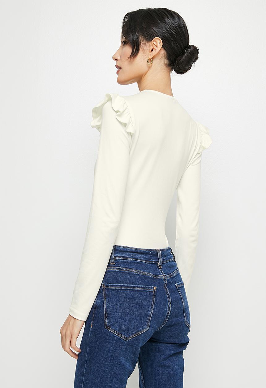MILLA - Ruffle shoulder V-neck bodysuit - milk