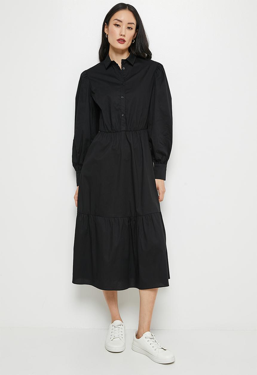 edit - Balloon sleeve midaxi shirt dress - black