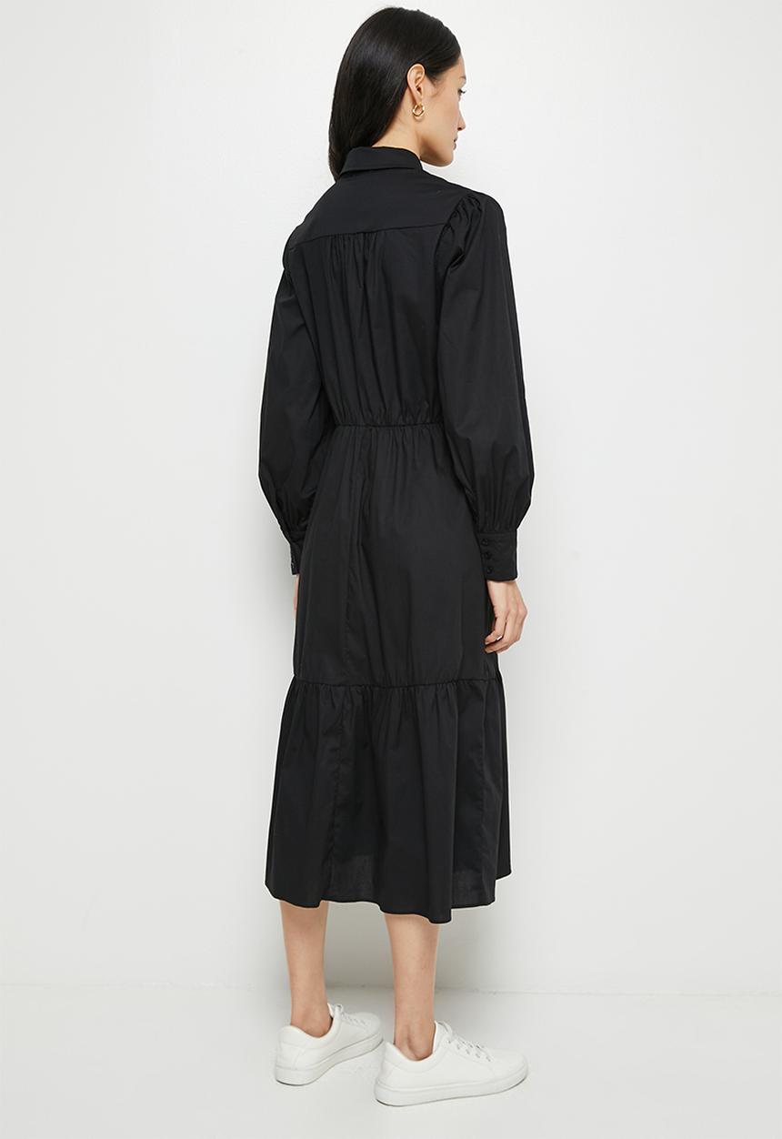 edit - Balloon sleeve midaxi shirt dress - black