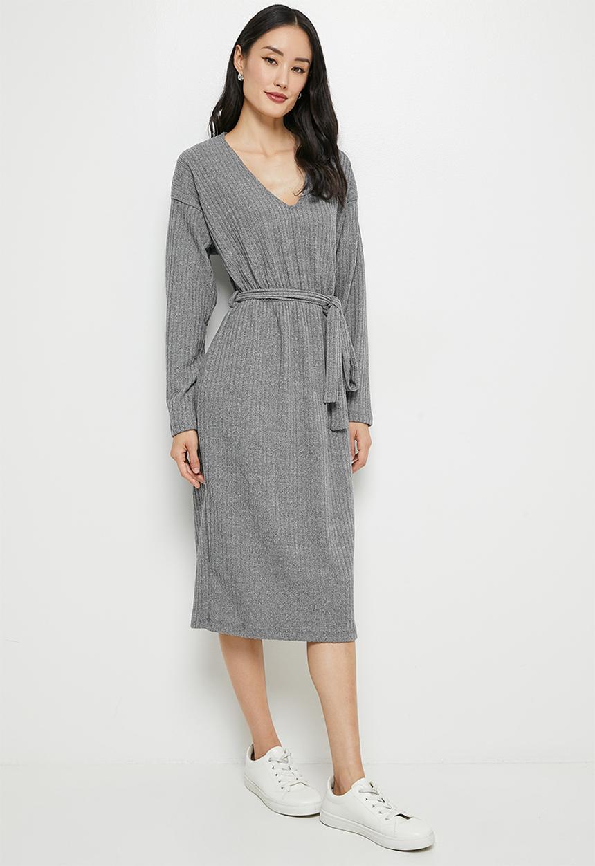 edit - Ribbed knit belted dolman midi - ice grey