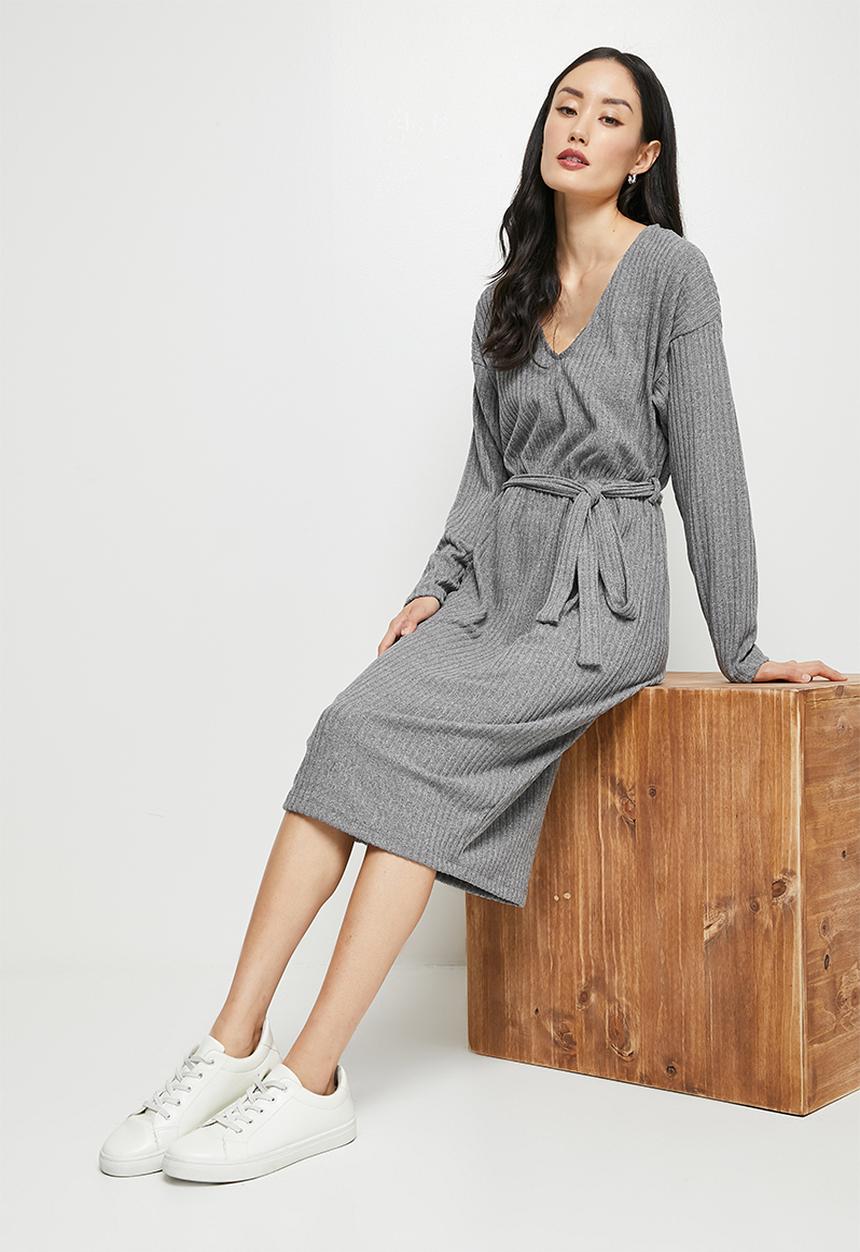 edit - Ribbed knit belted dolman midi - ice grey