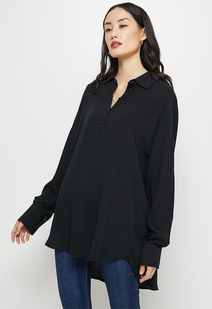 edit - Mandarin collar longline shirt - black