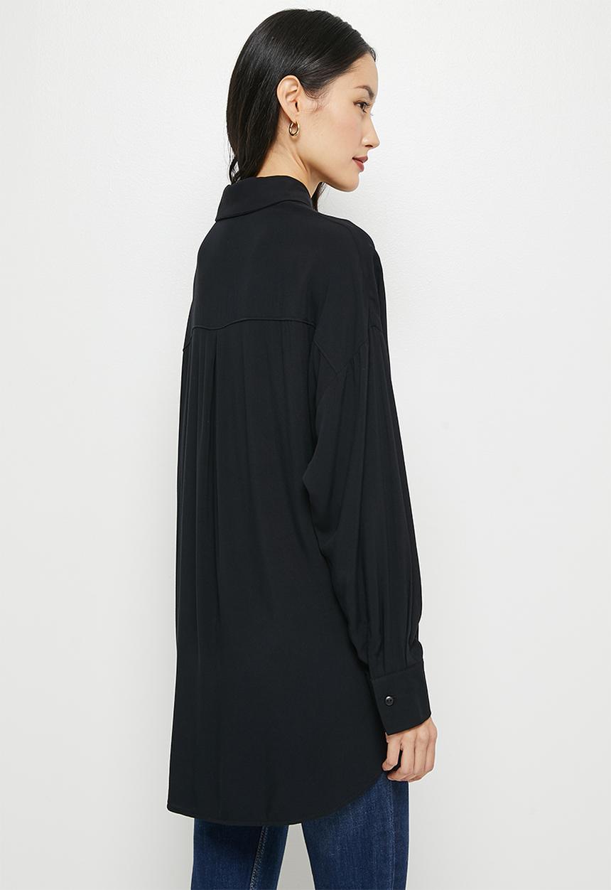 edit - Mandarin collar longline shirt - black
