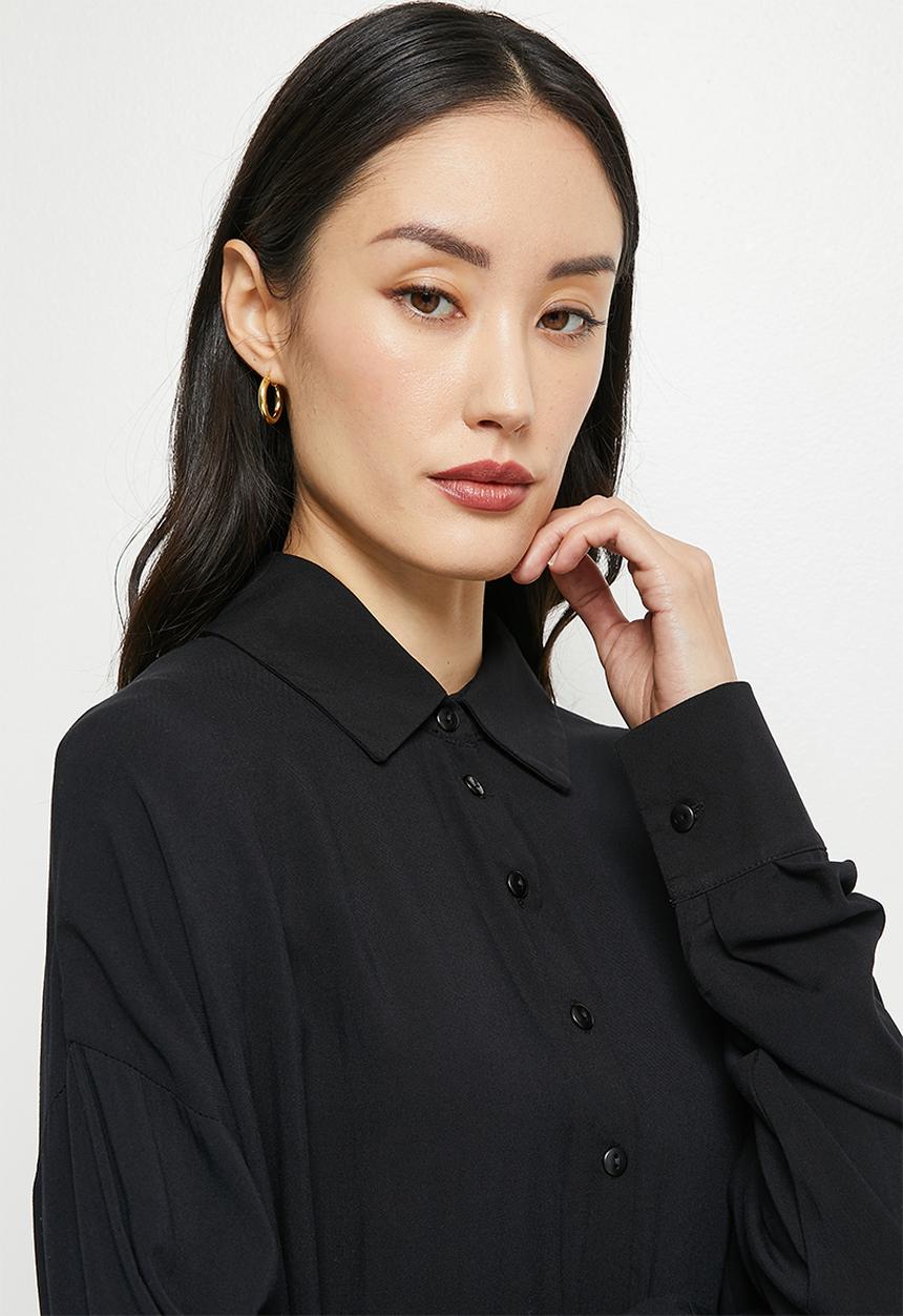 edit - Mandarin collar longline shirt - black