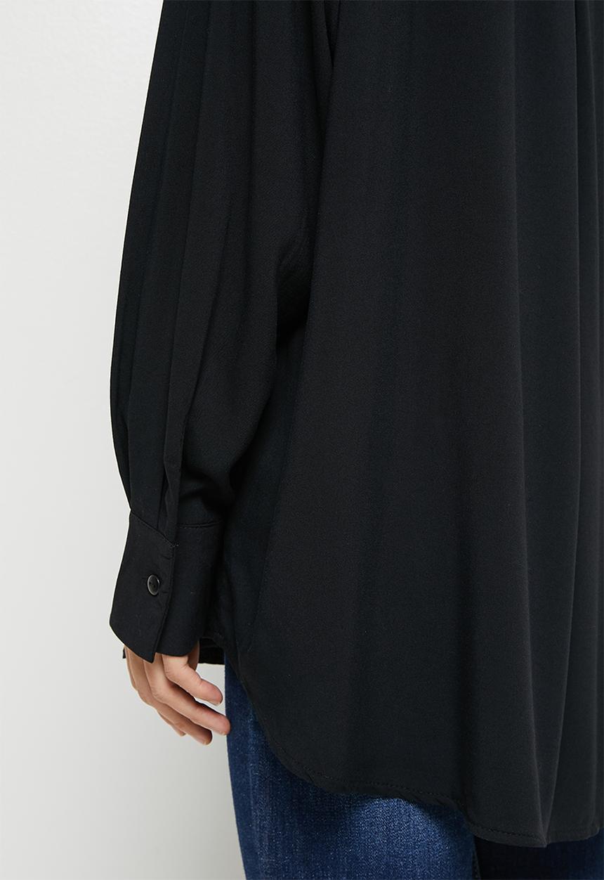 edit - Mandarin collar longline shirt - black