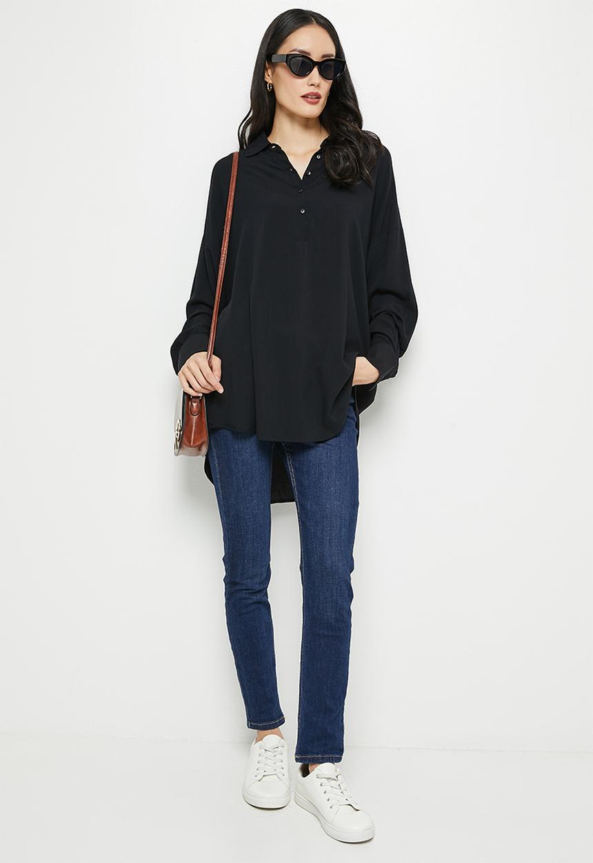 edit - Mandarin collar longline shirt - black