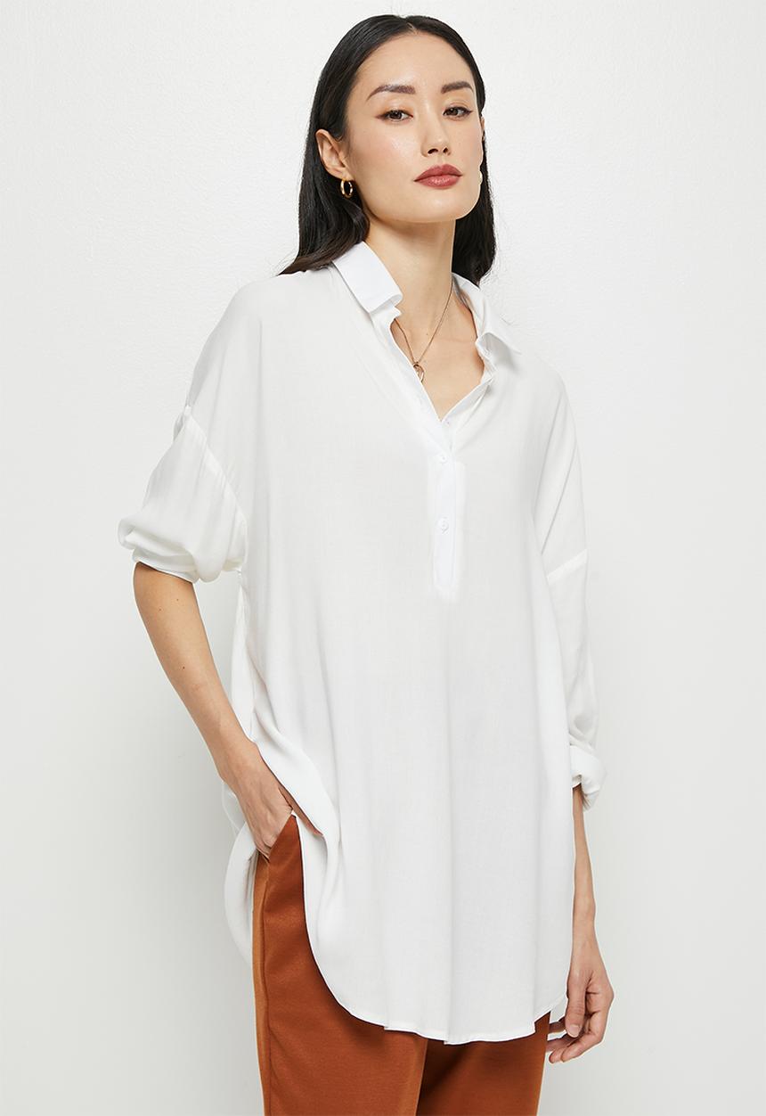edit - Mandarin collar longline shirt - milk