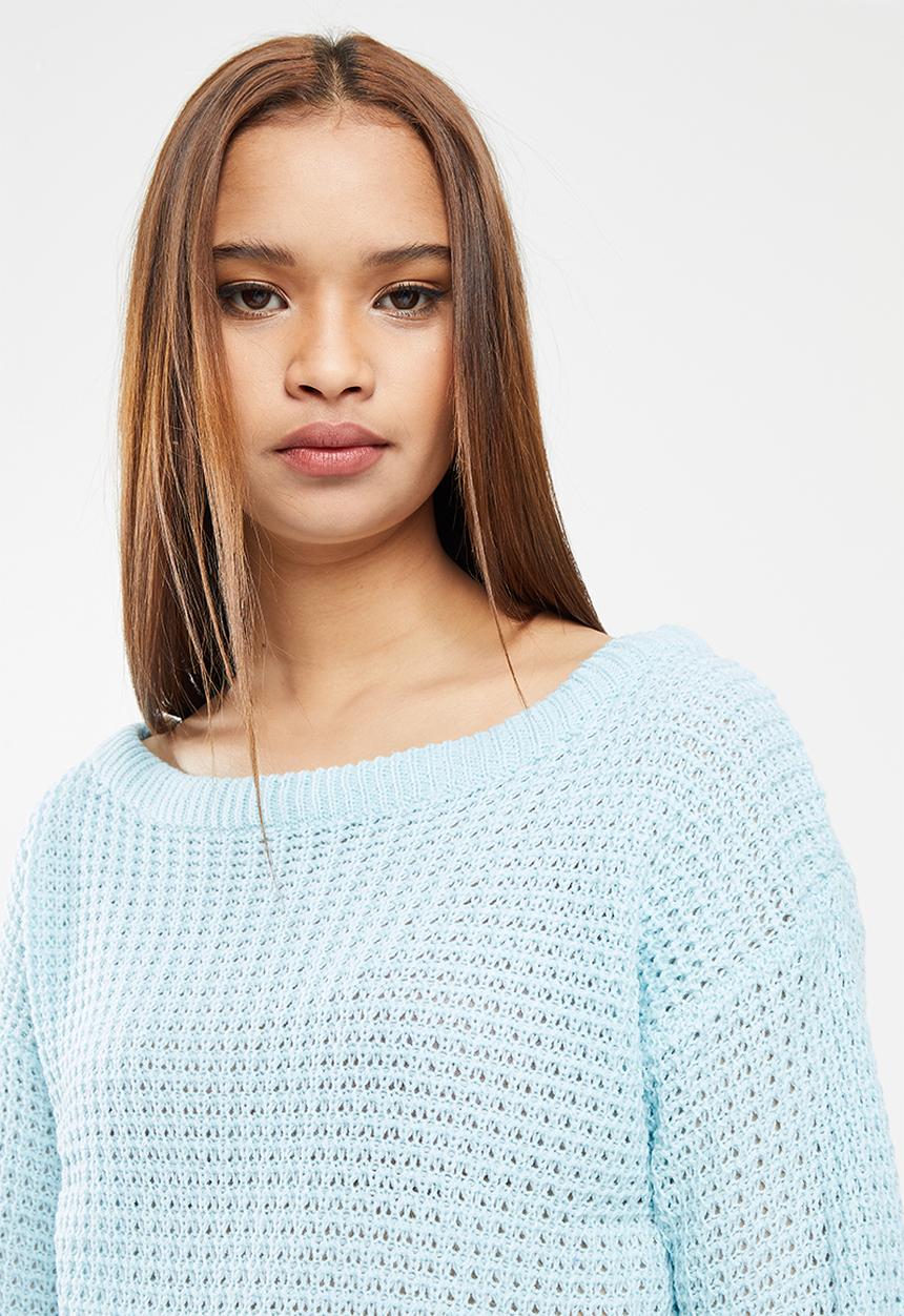 Missguided - Recycled waffle stitch off the shoulder erisha jumper - pale blue