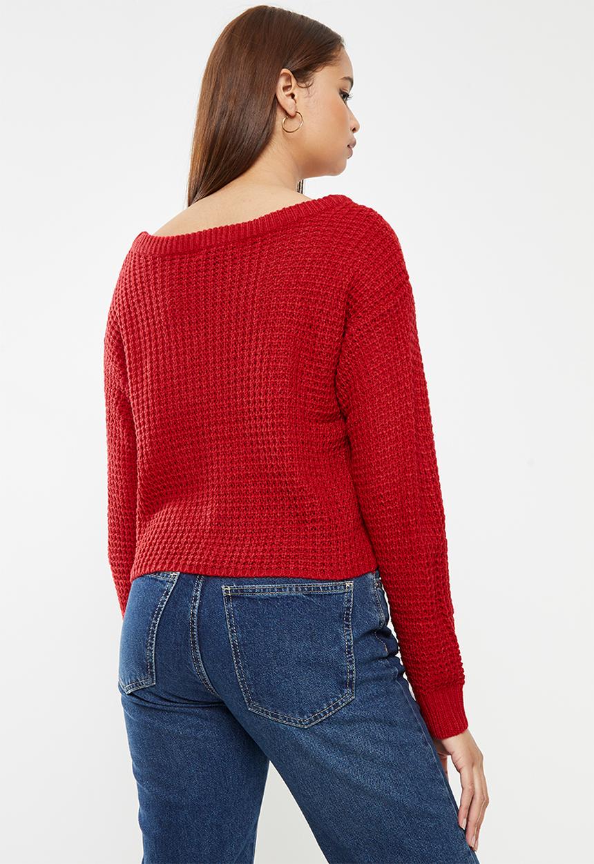 Missguided - Recycled waffle off shoulder jumper - red