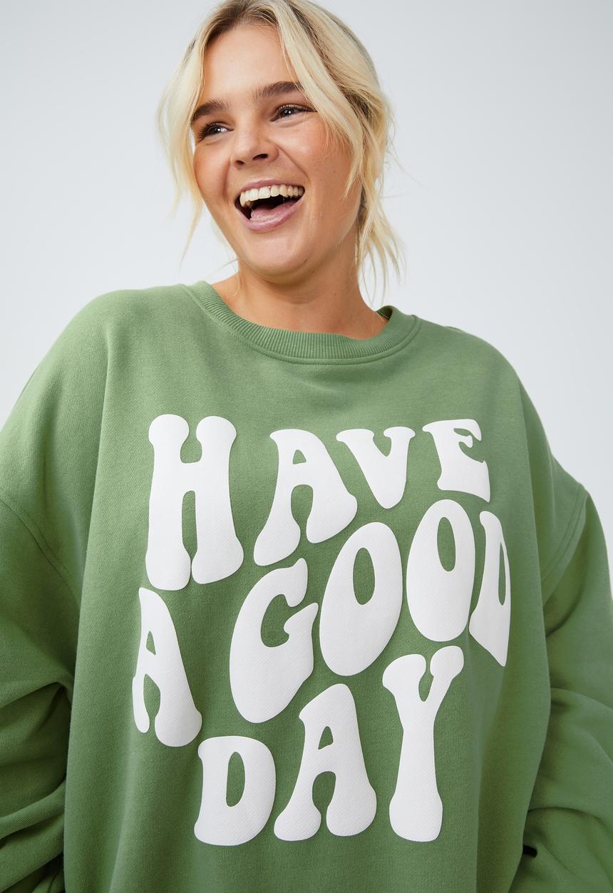 Cotton On - Curve classic graphic sweatshirt - happy camper green