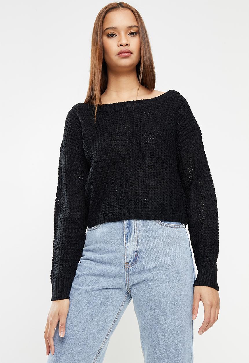 Missguided - Recycled waffle off shoulder jumper - black