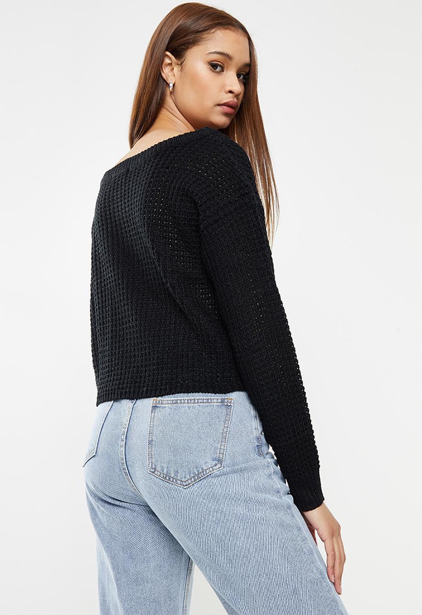 Missguided - Recycled waffle off shoulder jumper - black