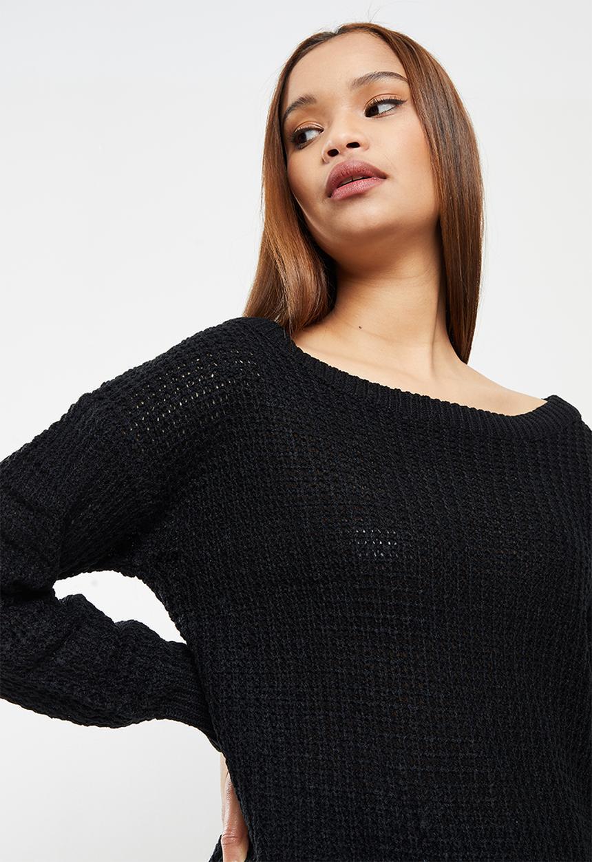Missguided - Recycled waffle off shoulder jumper - black
