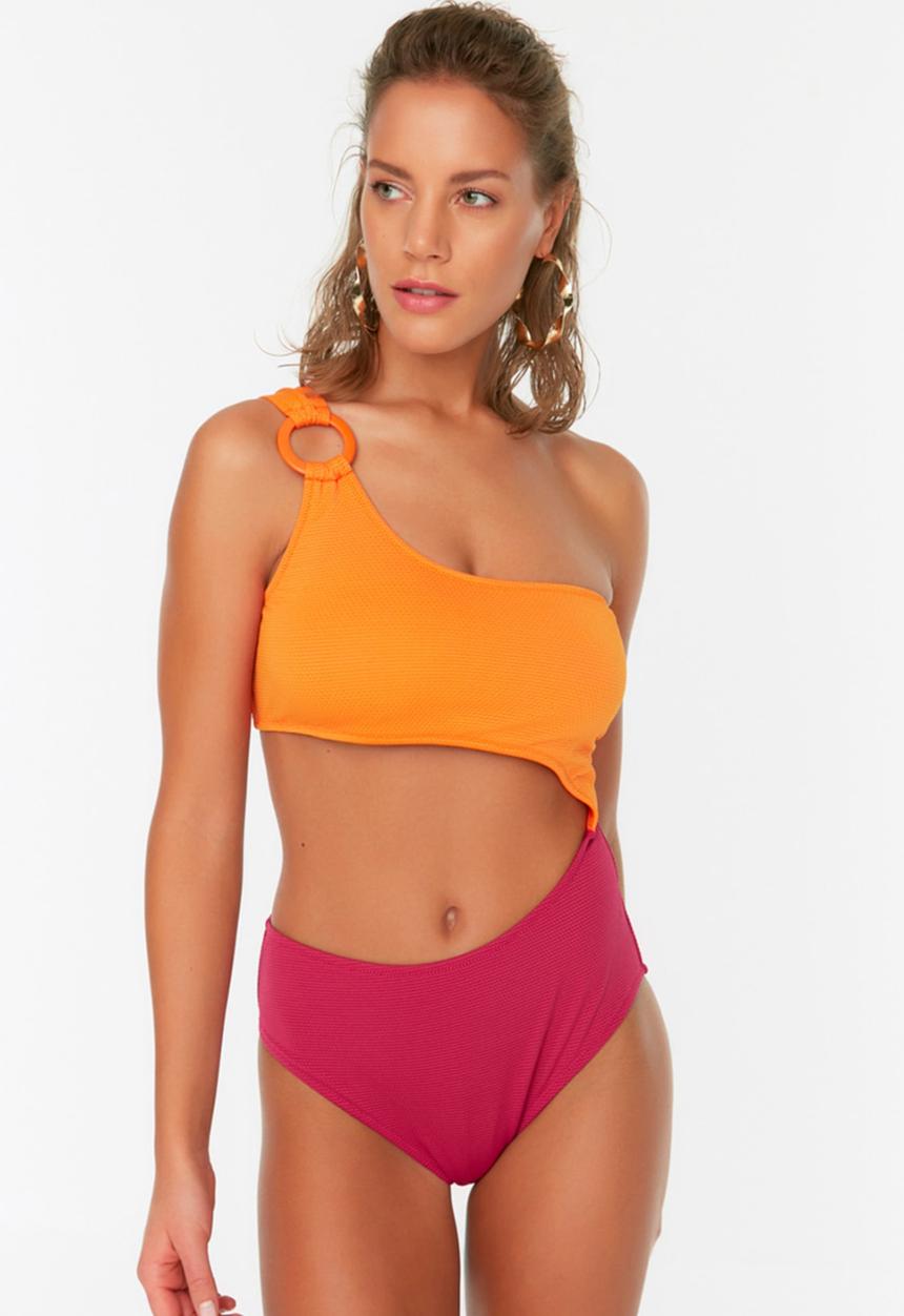 Trendyol - Color block swimsuit - fuchsia & orange 