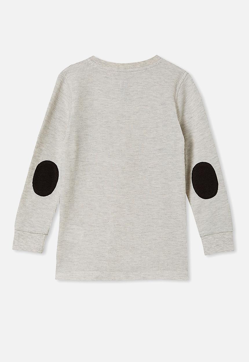 Cotton On - Long sleeve waffle crew elbow patches - light grey marle & phantom