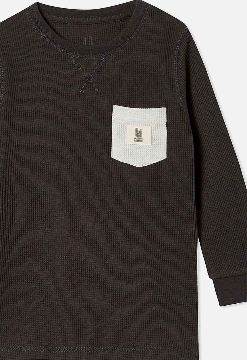 Cotton On - Long sleeve waffle crew elbow patches - phantom & light grey marle