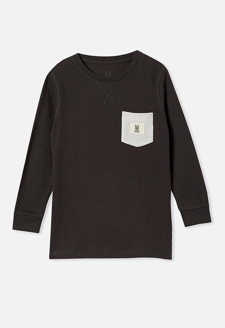 Cotton On - Long sleeve waffle crew elbow patches - phantom & light grey marle