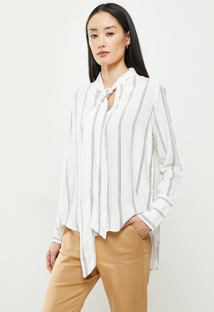 Koton - Neck detailed long sleeve striped shirt - white
