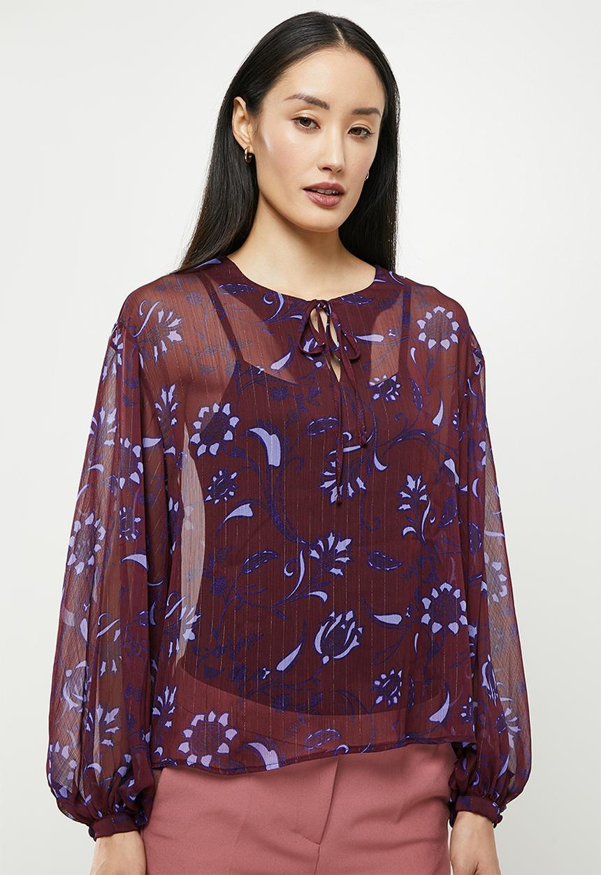 Koton - V neck long sleeve tulle detailed blouse - purple