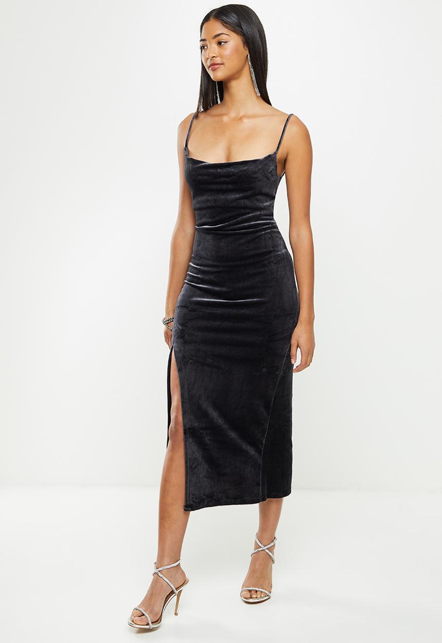 Koton - Slit detailed velvet dress - anthracite