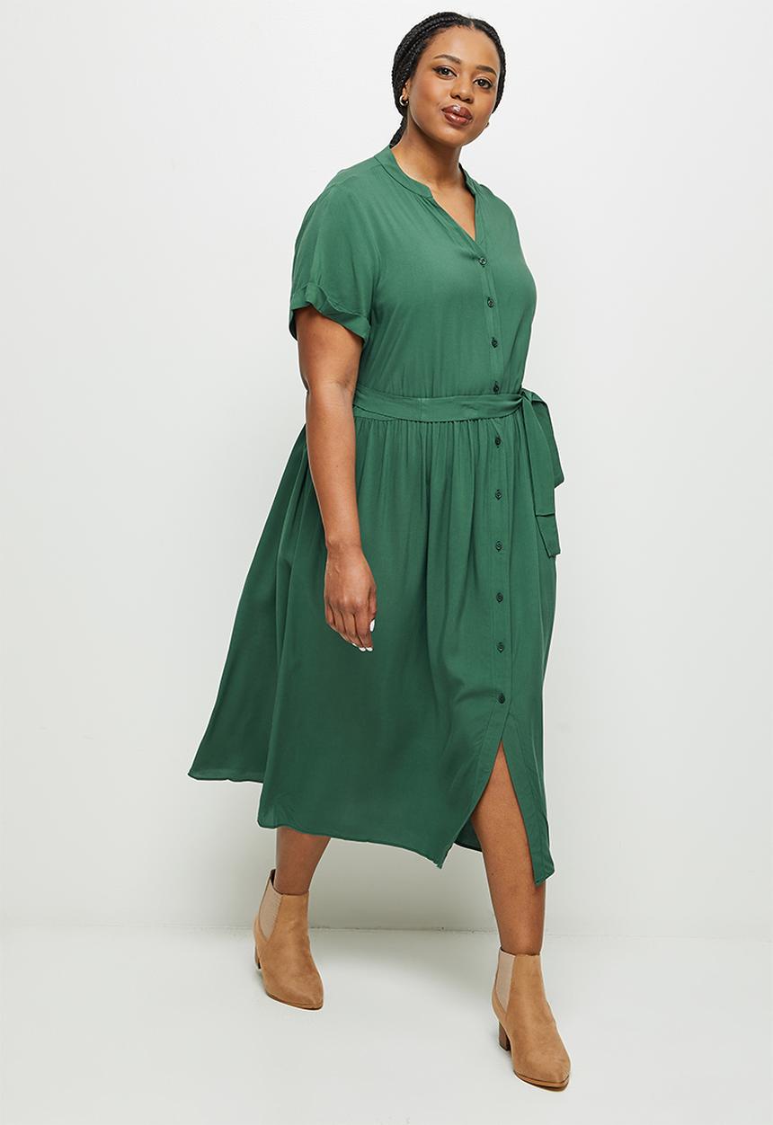 edit Plus - Mandarin collar belted a-line dress - trekking green