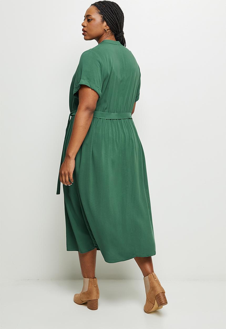 edit Plus - Mandarin collar belted a-line dress - trekking green