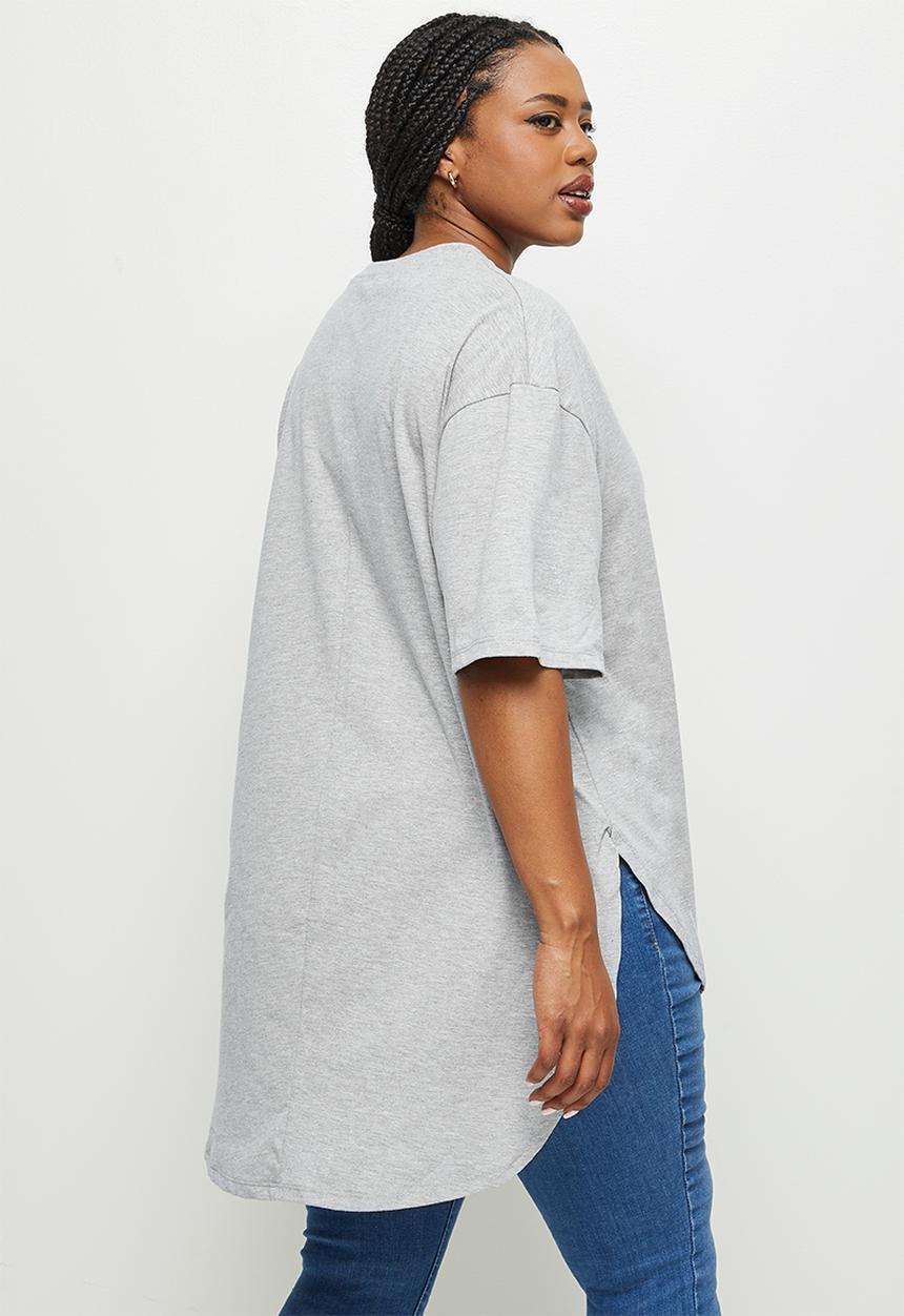 edit Plus - V-neck stripped hem tee - grey 
