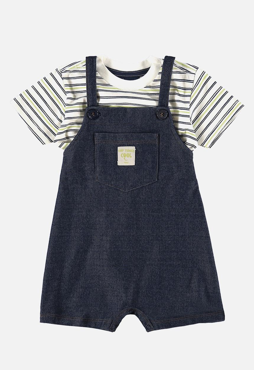Quimby - Denim sweat overalls and tee - white stripes