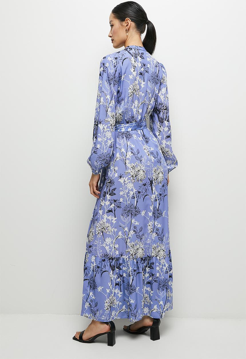 edit - Button down mandarin collar tier maxi - blue floral