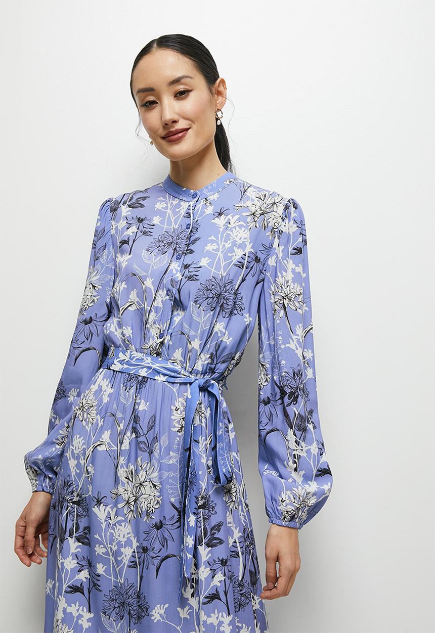 edit - Button down mandarin collar tier maxi - blue floral