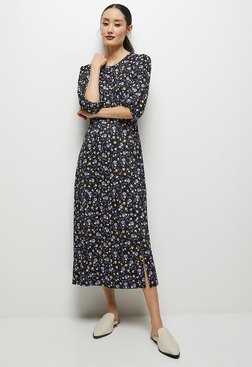 edit - Balloon sleeve curved waist midi dress - black micro flowers