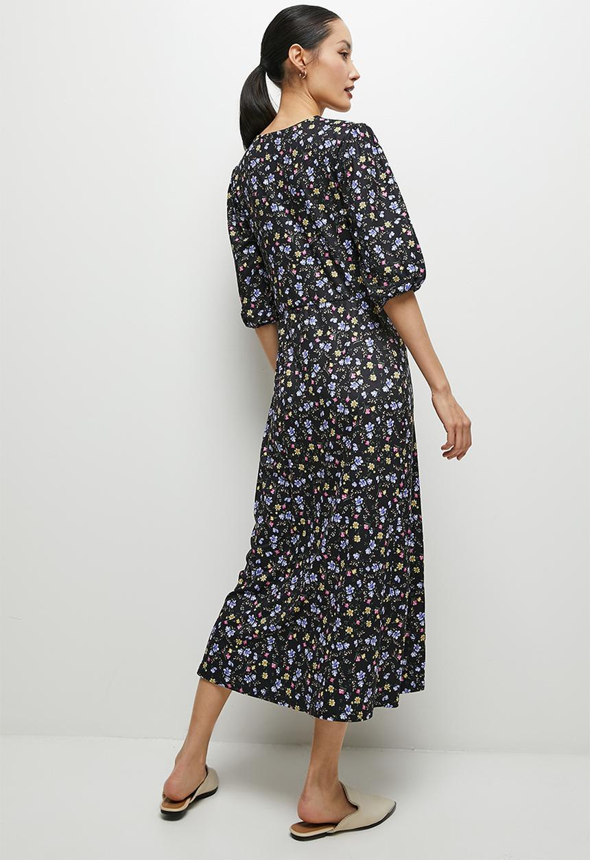 edit - Balloon sleeve curved waist midi dress - black micro flowers