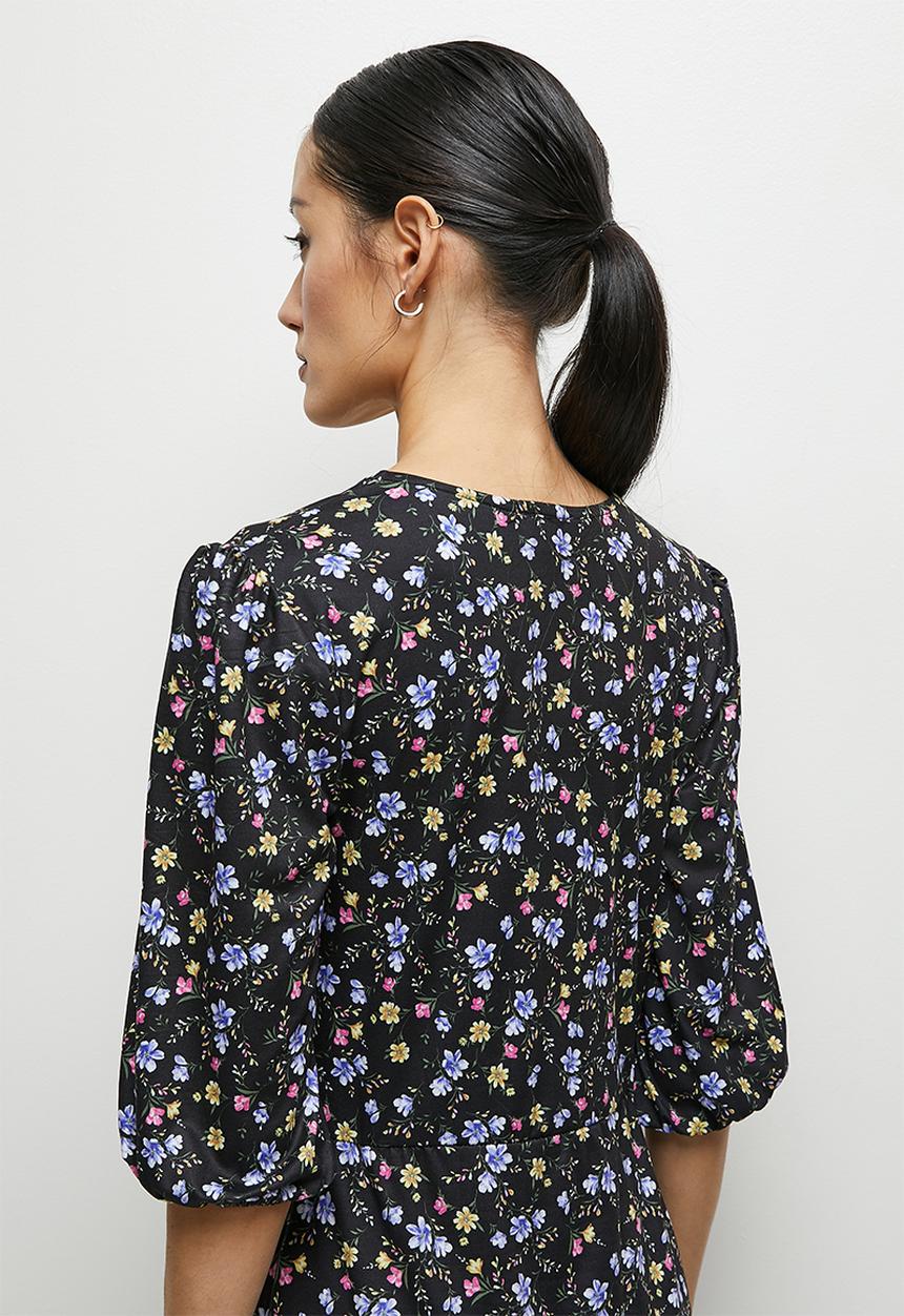 edit - Balloon sleeve curved waist midi dress - black micro flowers