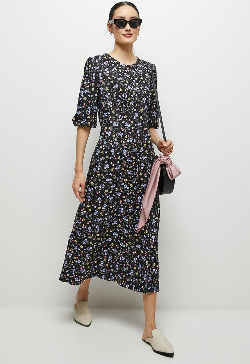 edit - Balloon sleeve curved waist midi dress - black micro flowers