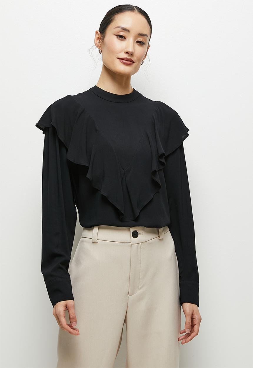 edit - Highneck ruffle detail blouse - black