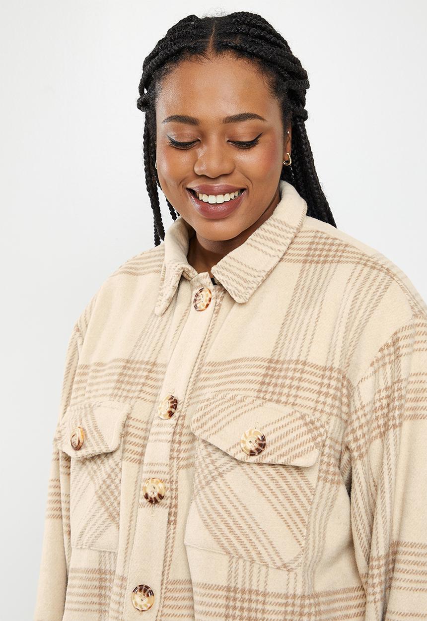 Me&B - Plus brushed check shacket - stone 