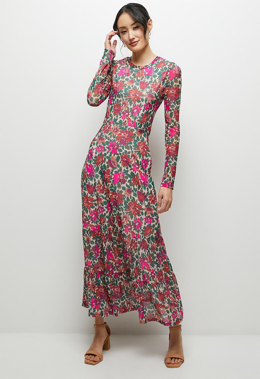 MILLA - Tiered mesh maxi dress - handpainted autumn flower