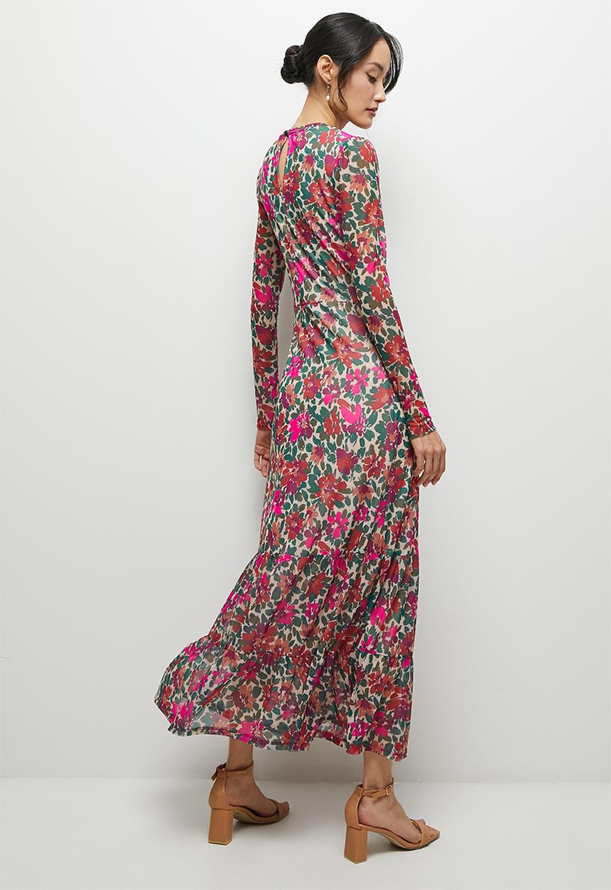MILLA - Tiered mesh maxi dress - handpainted autumn flower