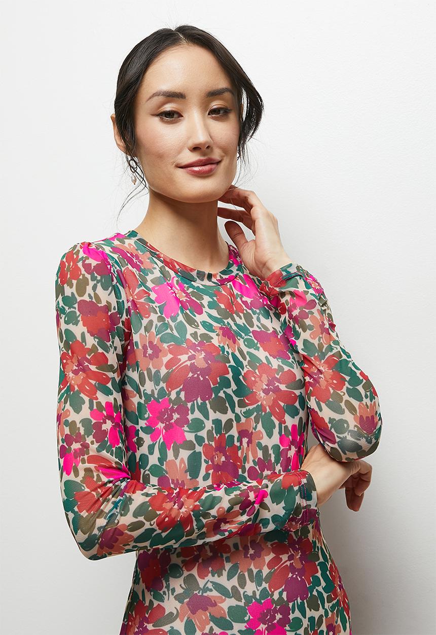 MILLA - Tiered mesh maxi dress - handpainted autumn flower