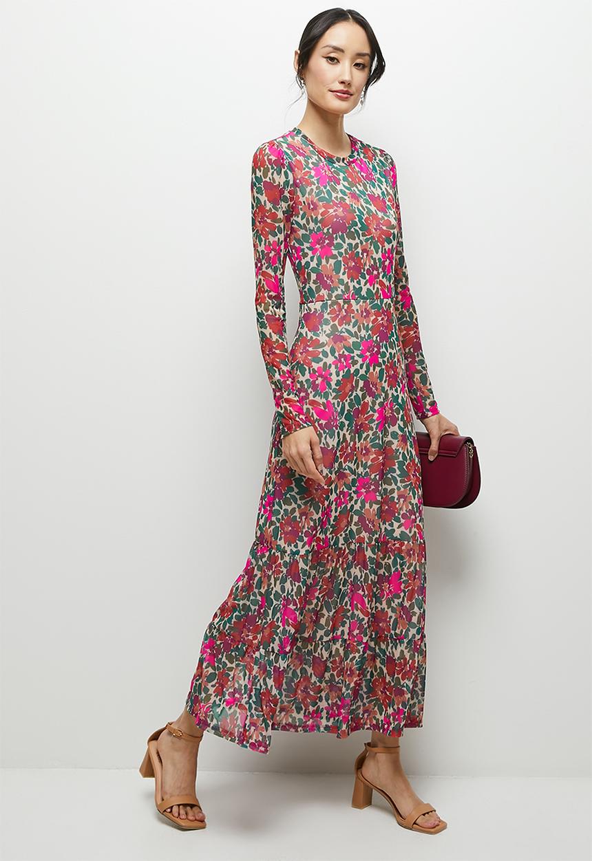 MILLA - Tiered mesh maxi dress - handpainted autumn flower