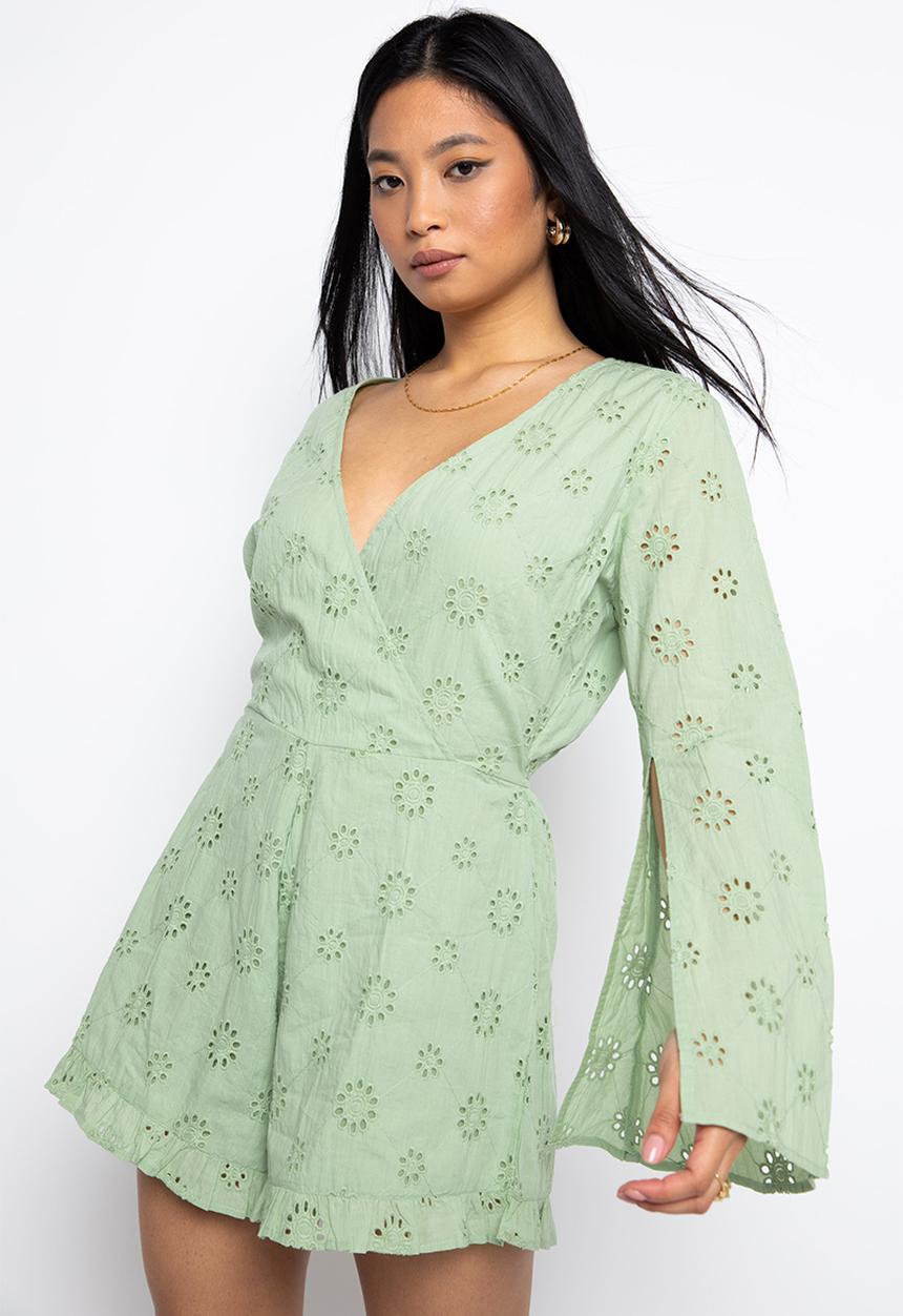 Daisy Street - Flute sleeve playsuit - pale green
