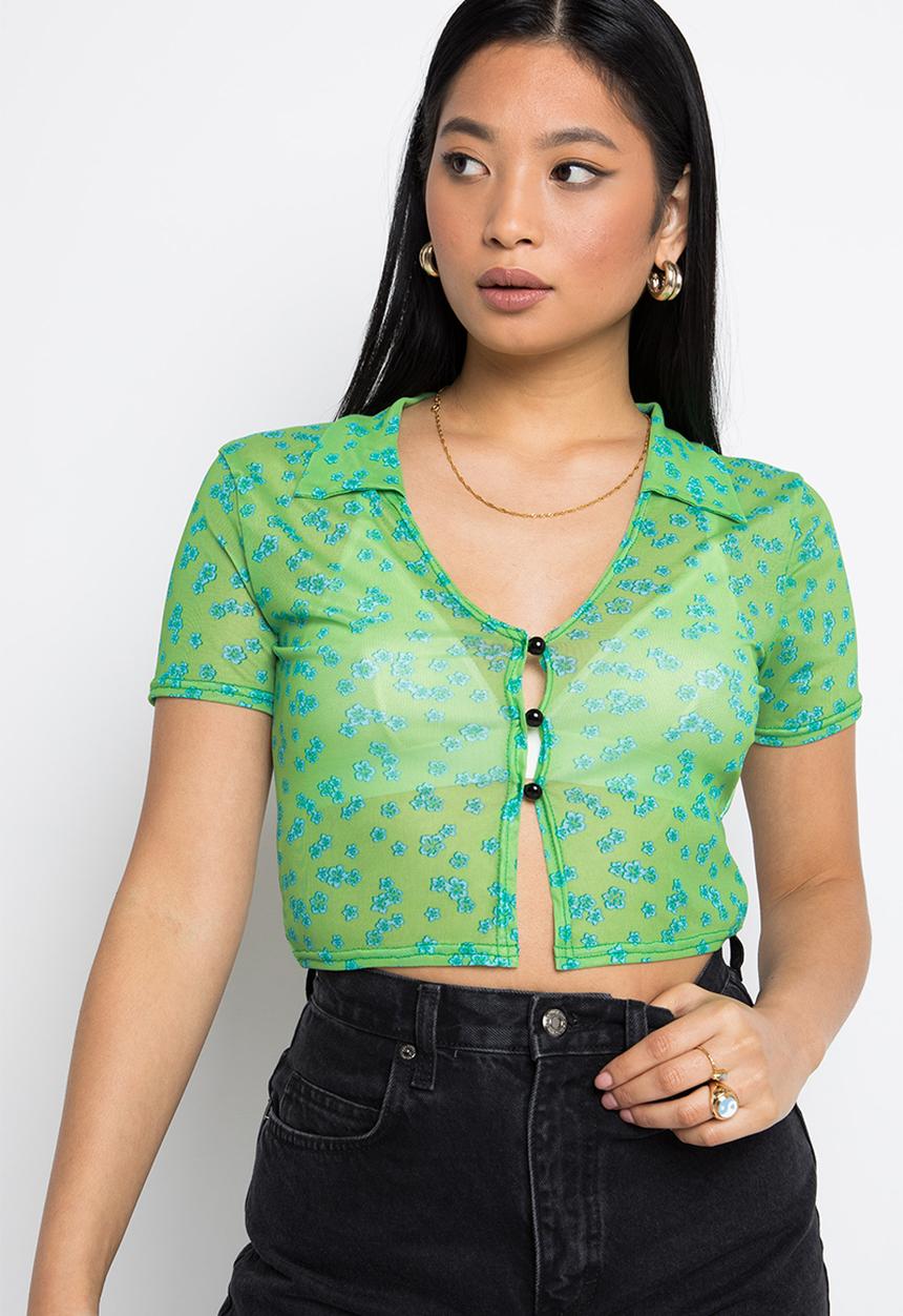 Daisy Street - Mesh crop shirt - green & blue floral print