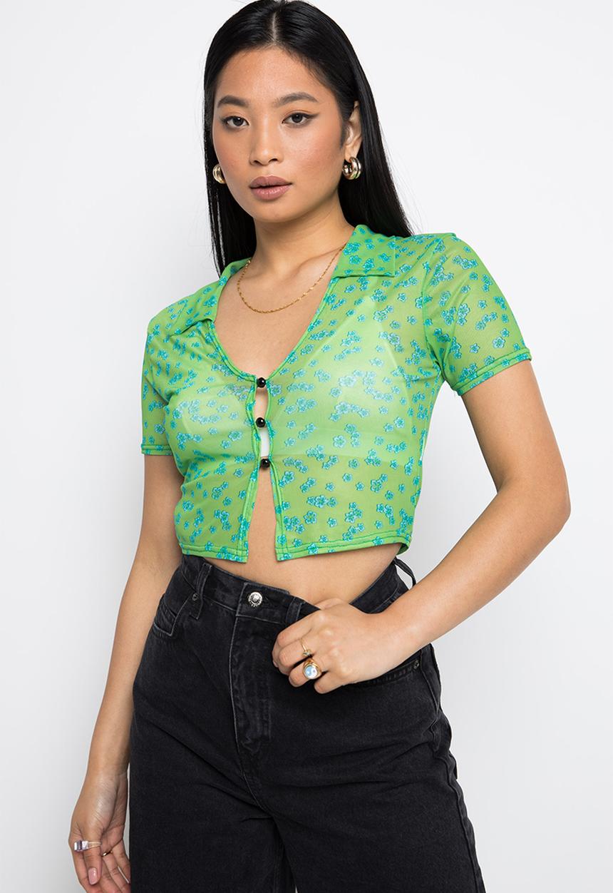 Daisy Street - Mesh crop shirt - green & blue floral print